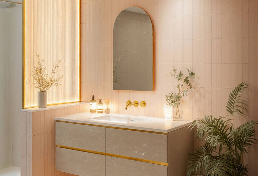  Archway bathroom mirror above vanity with warm lighting and pink feature tiles