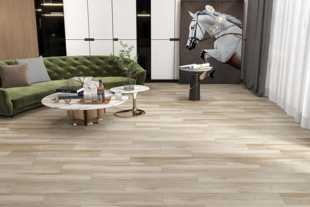 Wood look tiles in modern living room with green sofa and marble coffee table