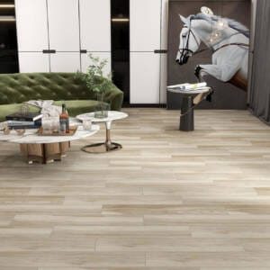 Wood look tiles in modern living room with green sofa and marble coffee table