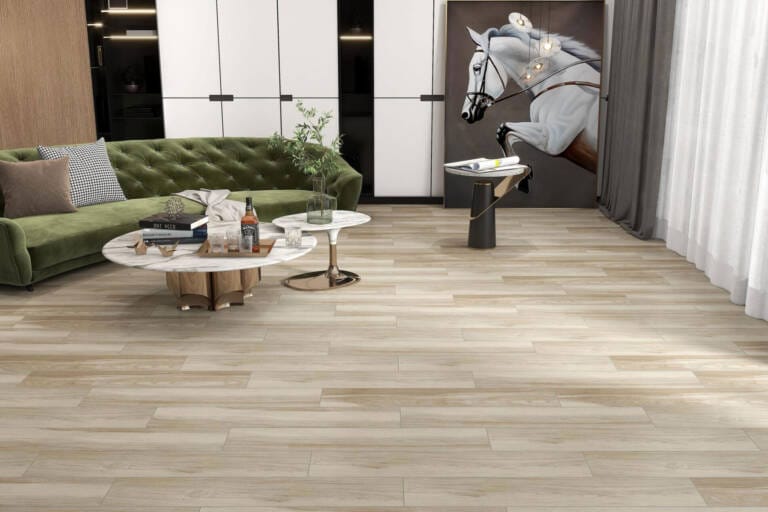 Wood look tiles in modern living room with green sofa and marble coffee table