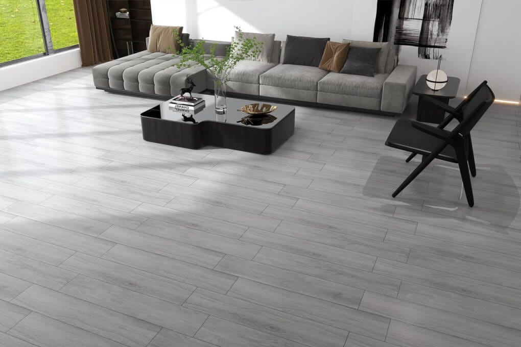 Modern living room with grey wood look tiles and contemporary furniture