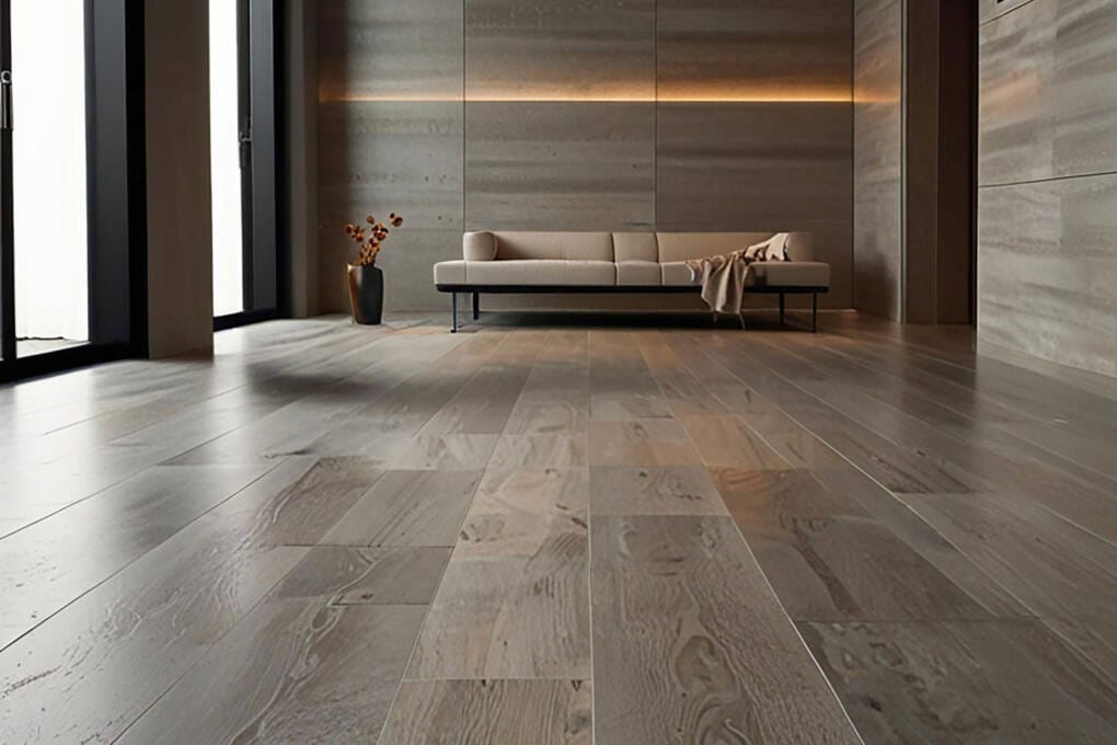 Modern interior with grey timber effect wood look tiles and minimalist furniture