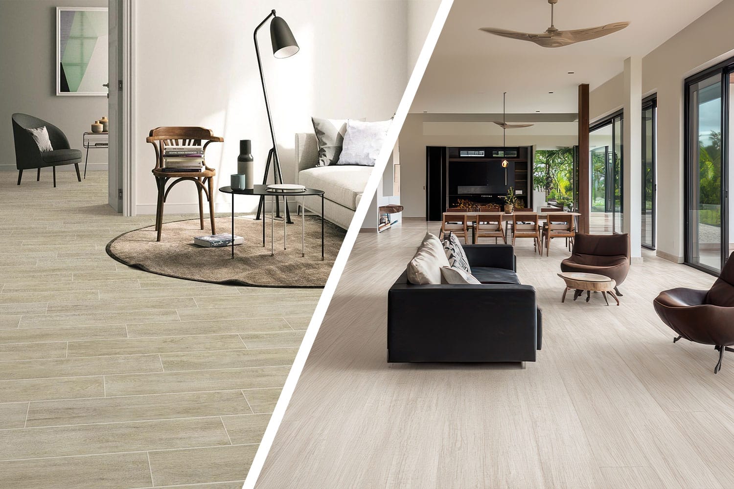 Side-by-side comparison of two modern living rooms with different wood look tile styles