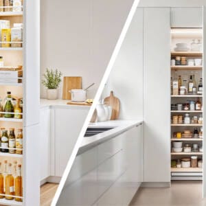 Pull out pantry vs traditional pantry comparison in modern kitchen design