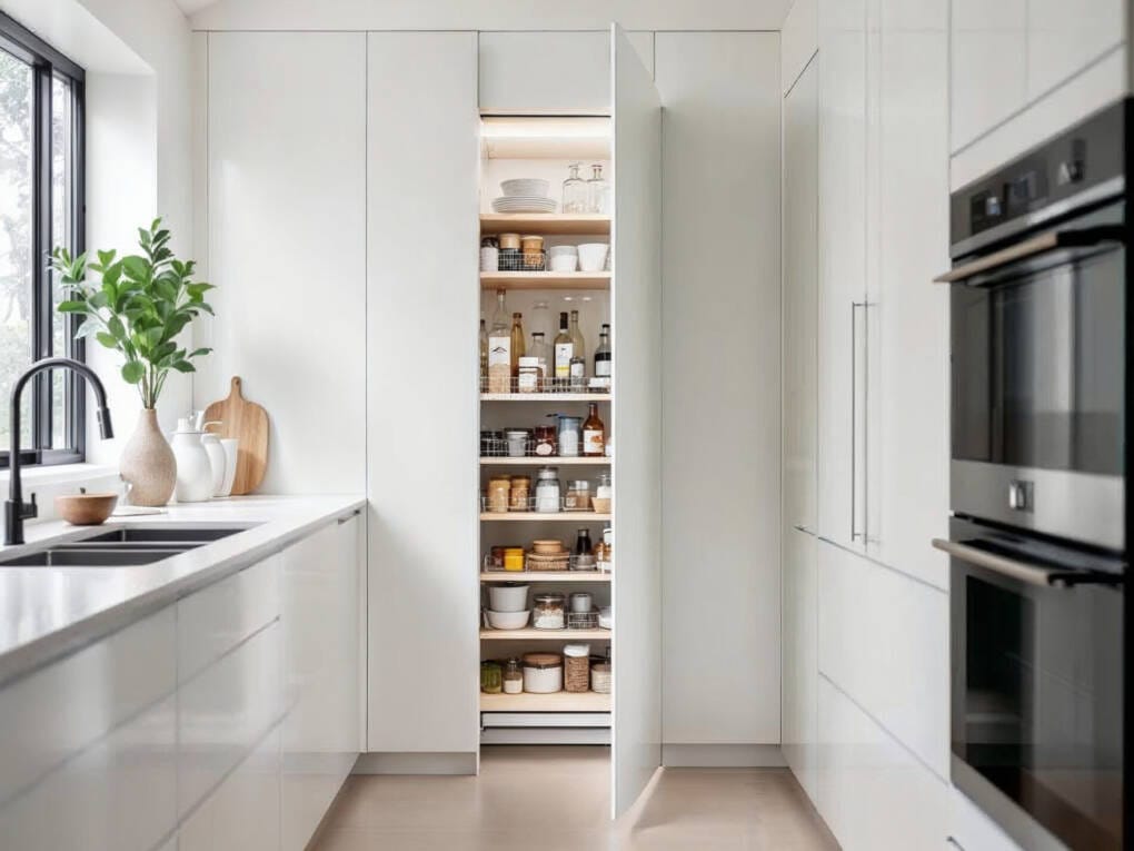Traditional pantry cupboard with fixed shelves for bulk food storage