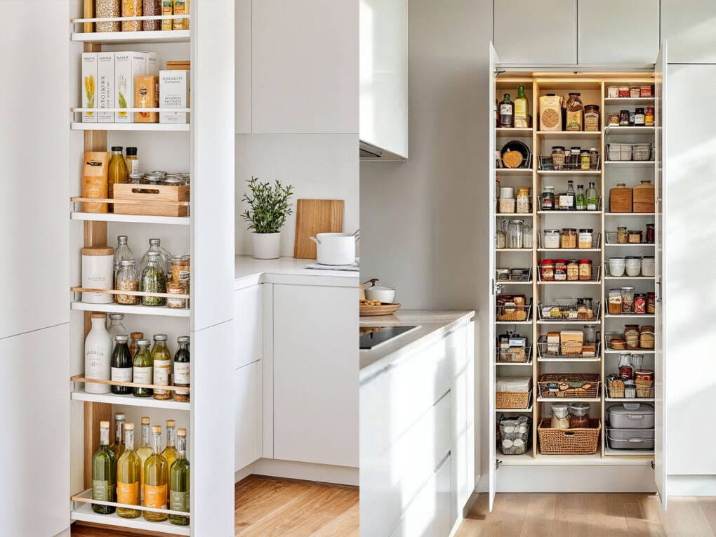Side-by-side comparison of a pull out pantry and traditional pantry cupboard in modern kitchens