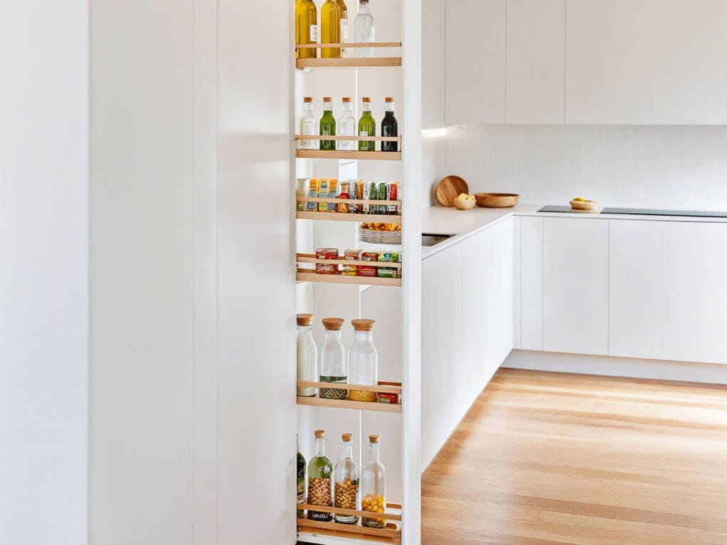 Pull out pantry fully extended in a modern white kitchen showcasing easy access and organised storage