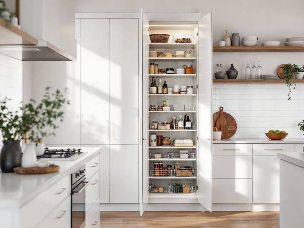 Traditional pantry cupboard with open shelves showcasing neatly organised food and kitchen items