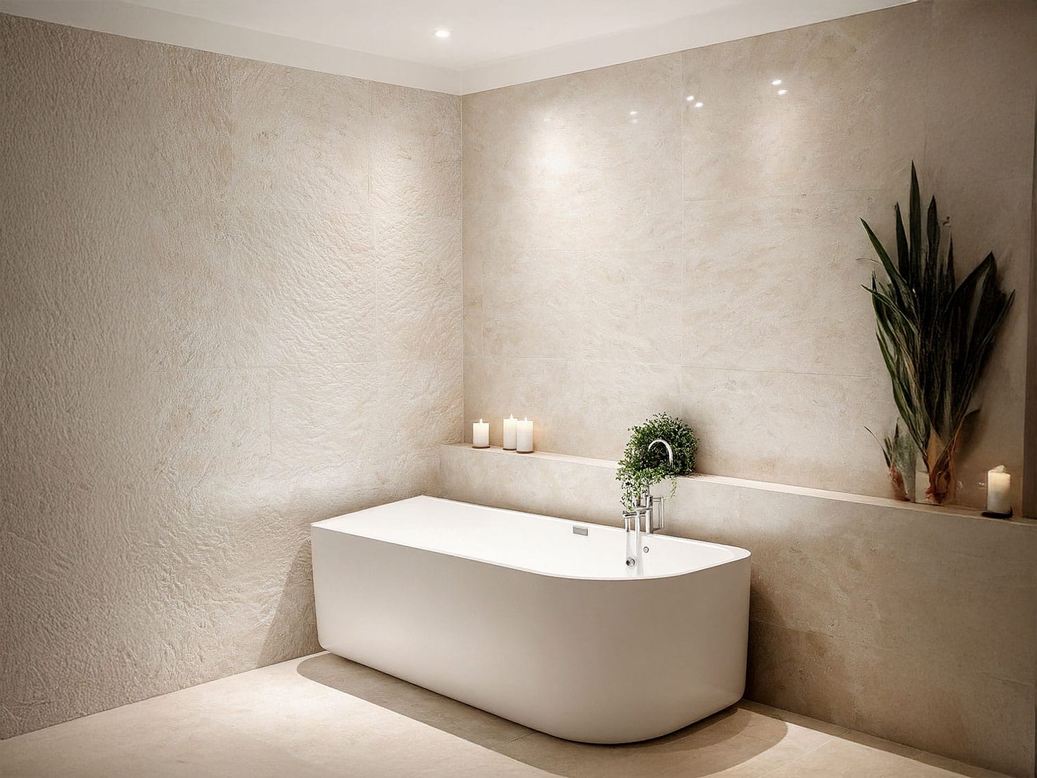 freestanding corner bath in modern bathroom with beige tiles and decorative candles