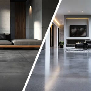 comparison of concrete look floor tiles vs natural concrete flooring in modern living spaces