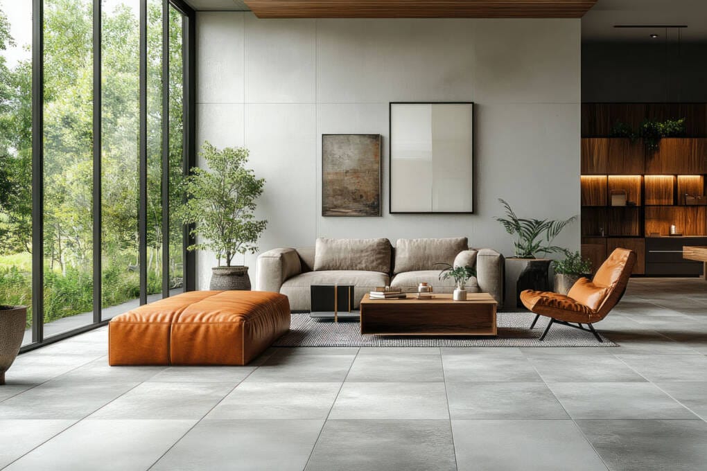 modern living room with large windows and concrete look floor tiles in a minimalist interior