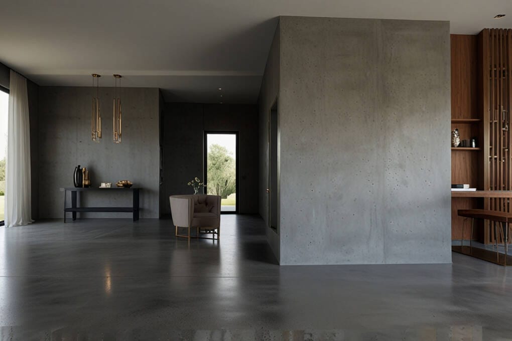 modern interior with natural polished concrete floor and exposed concrete walls