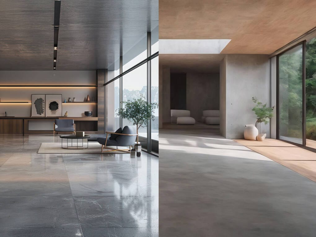 comparison of modern interiors with concrete tiles on the left and natural concrete floor on the right