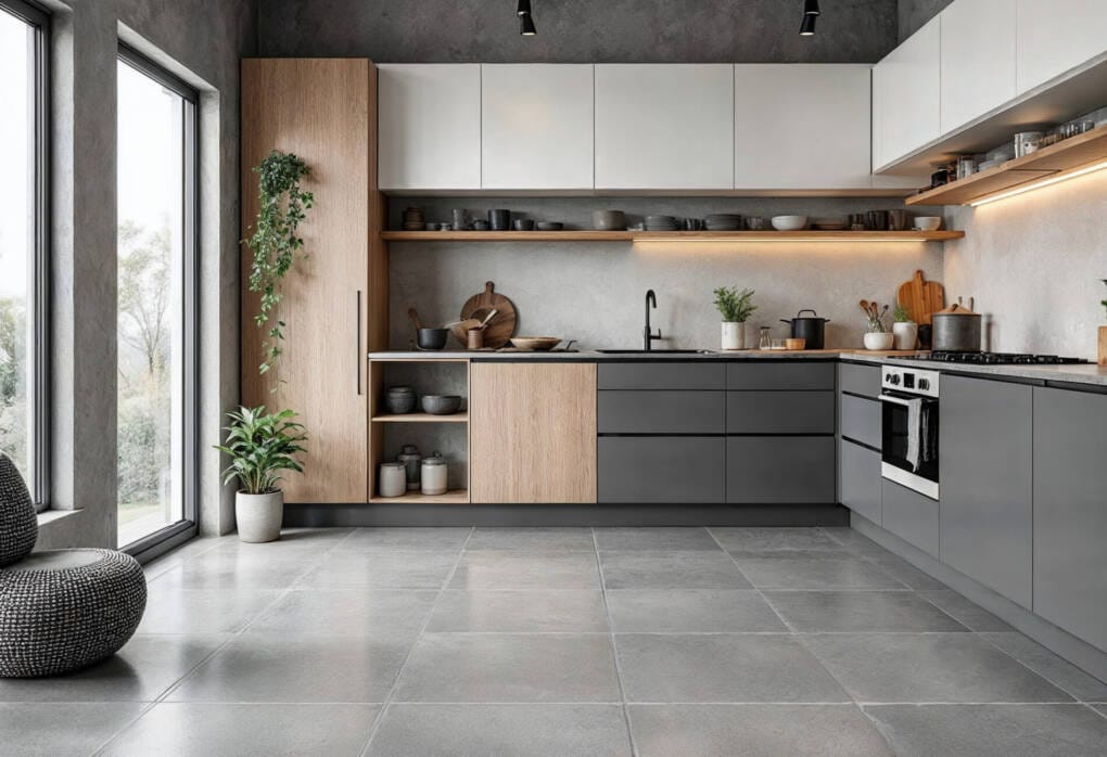 modern kitchen with grey concrete look floor tiles and timber cabinetry