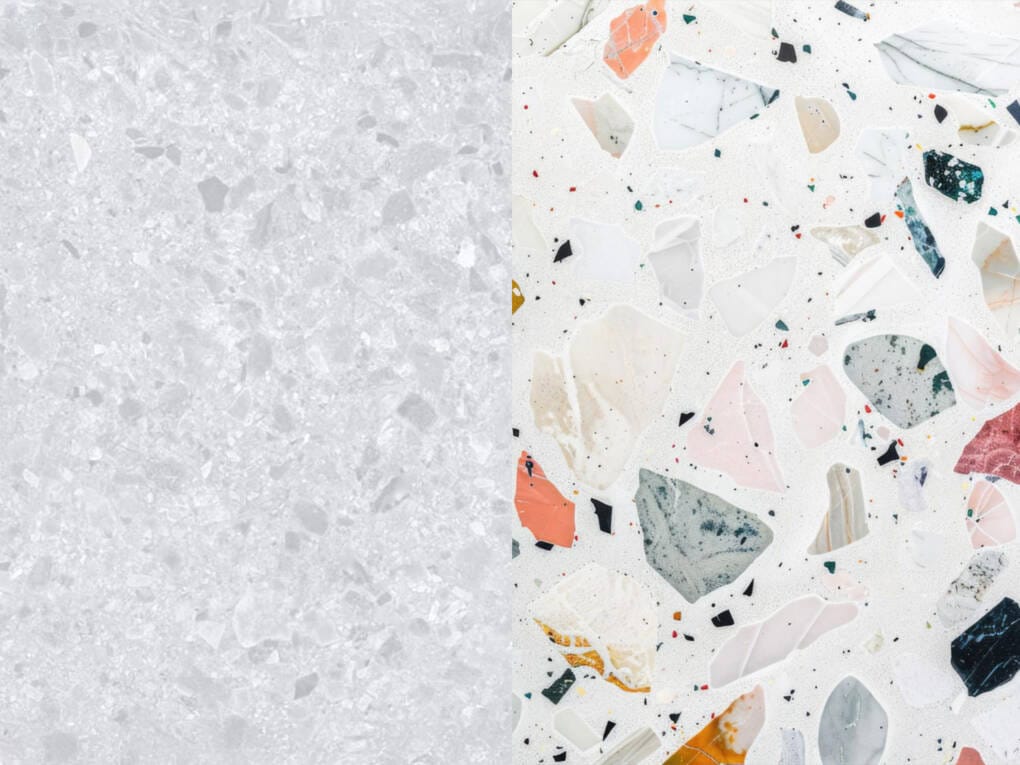 side by side comparison of terrazzo-look porcelain tile and natural terrazzo surface