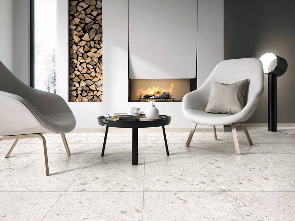 modern living room with terrazzo floor tiles and built-in fireplace