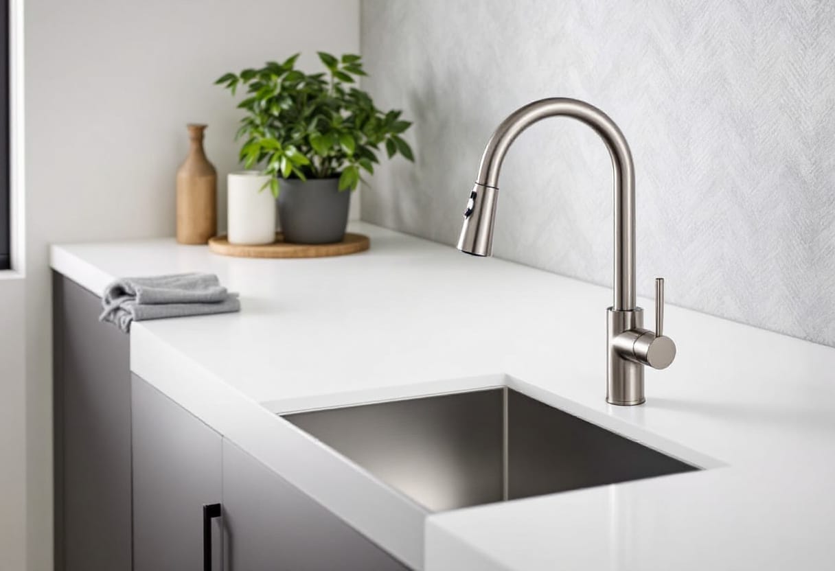 Modern single bowl kitchen sink with stainless steel mixer tap and white benchtop — ideal one bowl sink for modern Australian kitchens