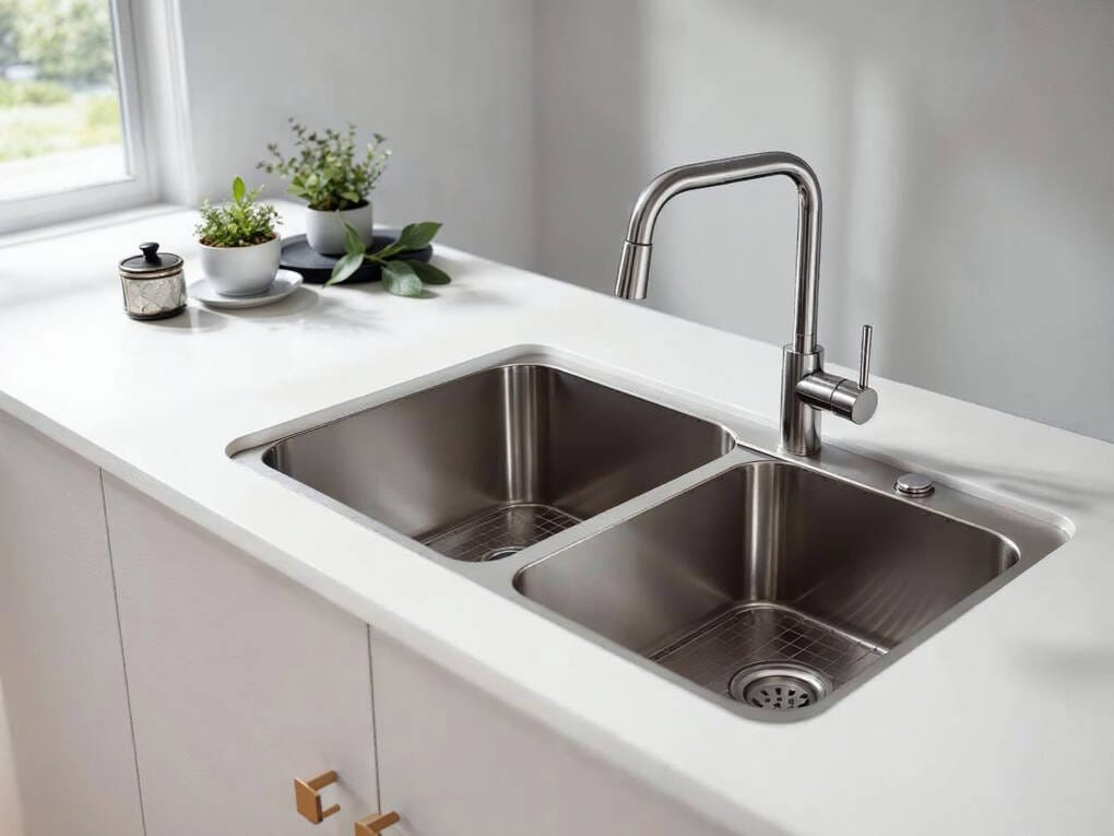 Modern double bowl kitchen sink with stainless steel tap and white benchtop — perfect for multitasking in Australian kitchens