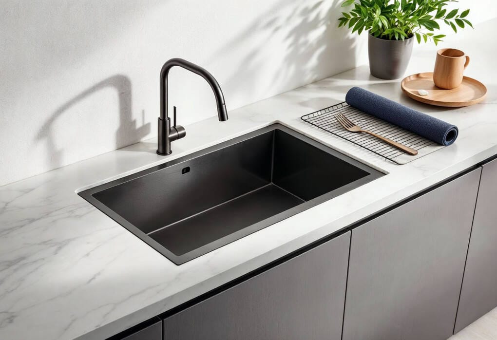 Modern single bowl black kitchen sink with matte tap and marble-look benchtop — a practical choice for Australian kitchens