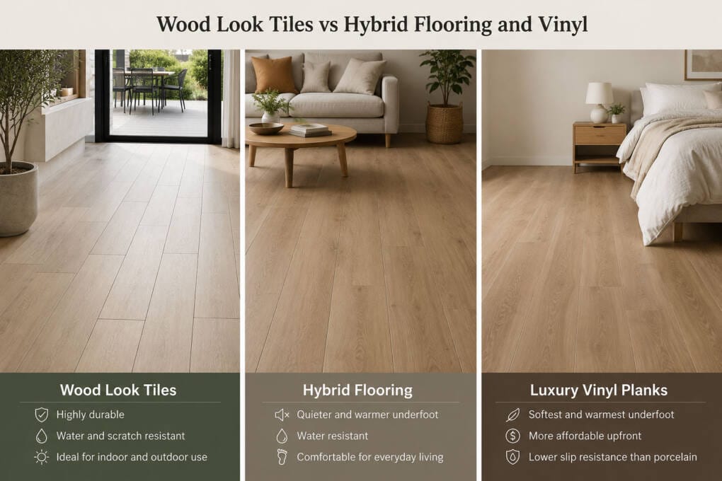 Comparison of wood look tiles, hybrid flooring and luxury vinyl planks across kitchen, living and bedroom spaces