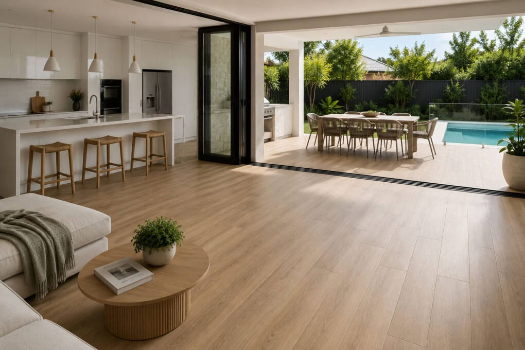 Perth home with wood look porcelain tiles flowing from the kitchen to a covered alfresco entertaining area