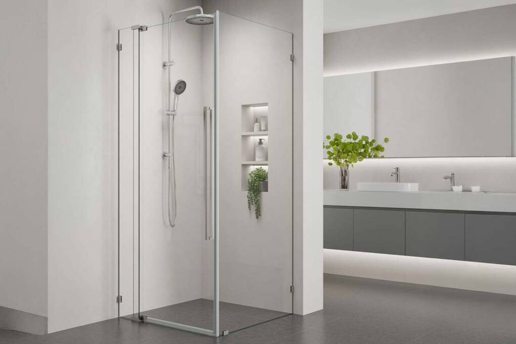 Frameless Corner Shower Screen in white bathroom