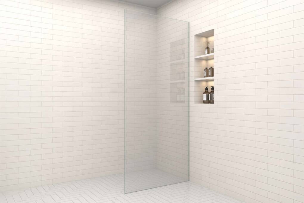 Frameless Glass Shower Panel in modern bathoom setting with subway tiles