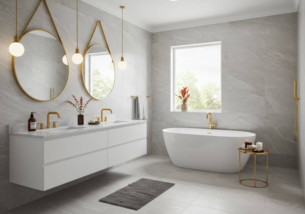 Large Bathroom Vanity White with Gold Fixtures