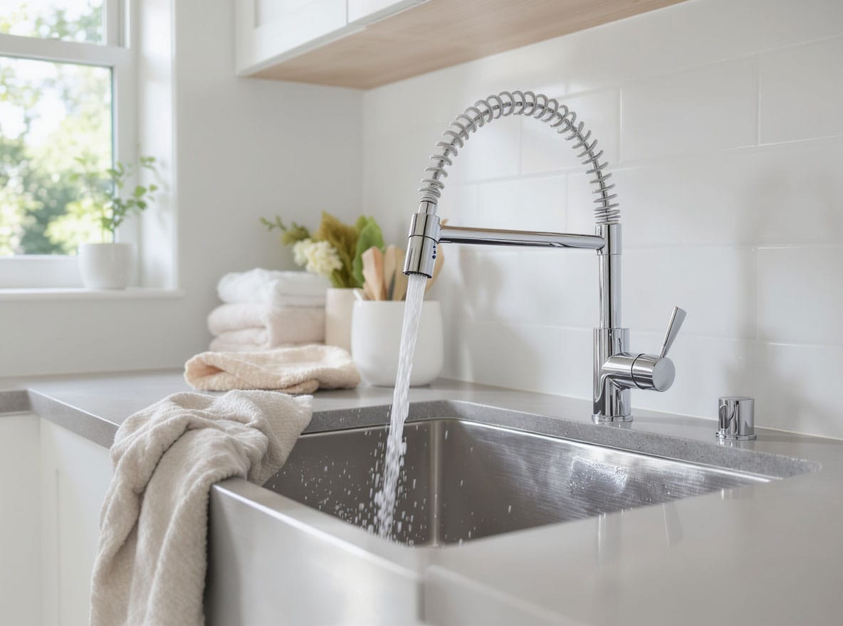 Pull-out laundry mixer tap with extendable spray head in modern Perth laundry
