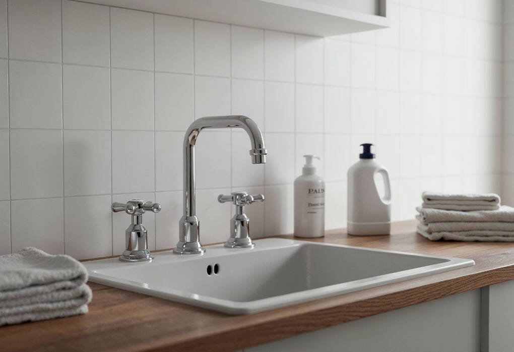 Traditional three-piece laundry tapware set with separate hot and cold taps in Perth home