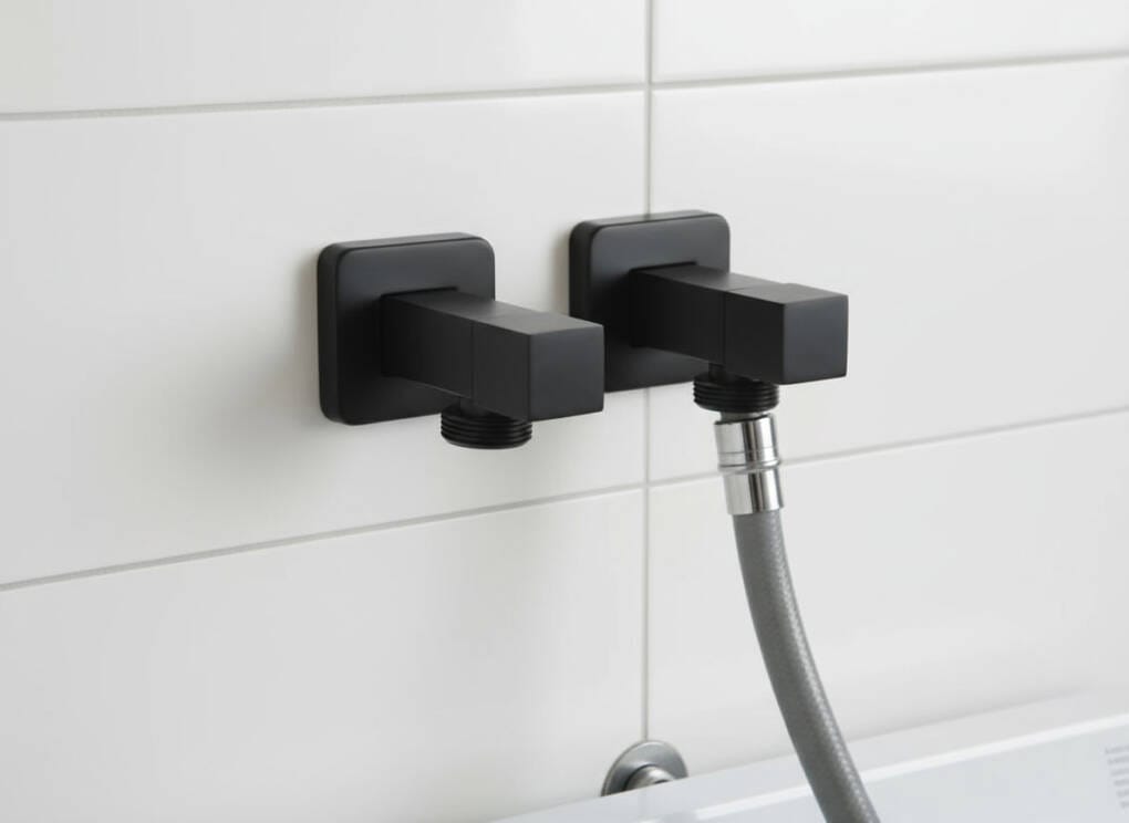 Matte black washing machine stops with hot and cold indicators in modern Perth laundry