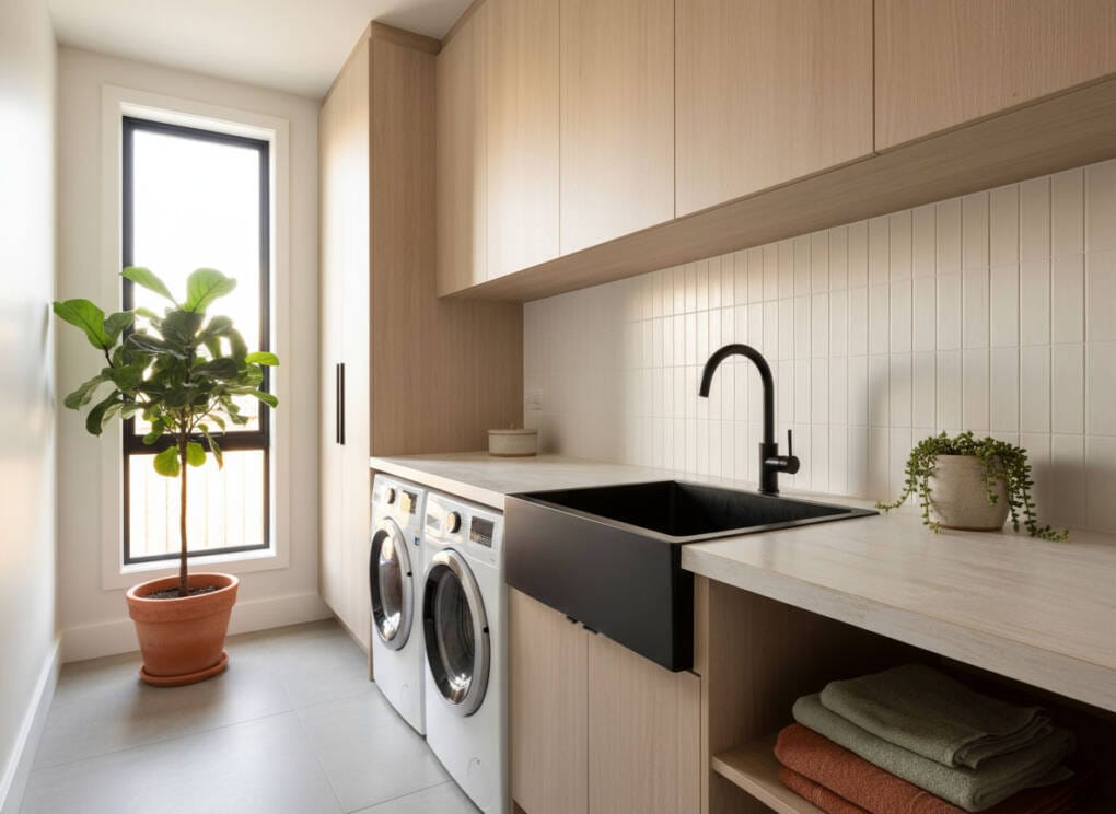 Modern laundry with cohesive tapware and functional design for a smarter home
