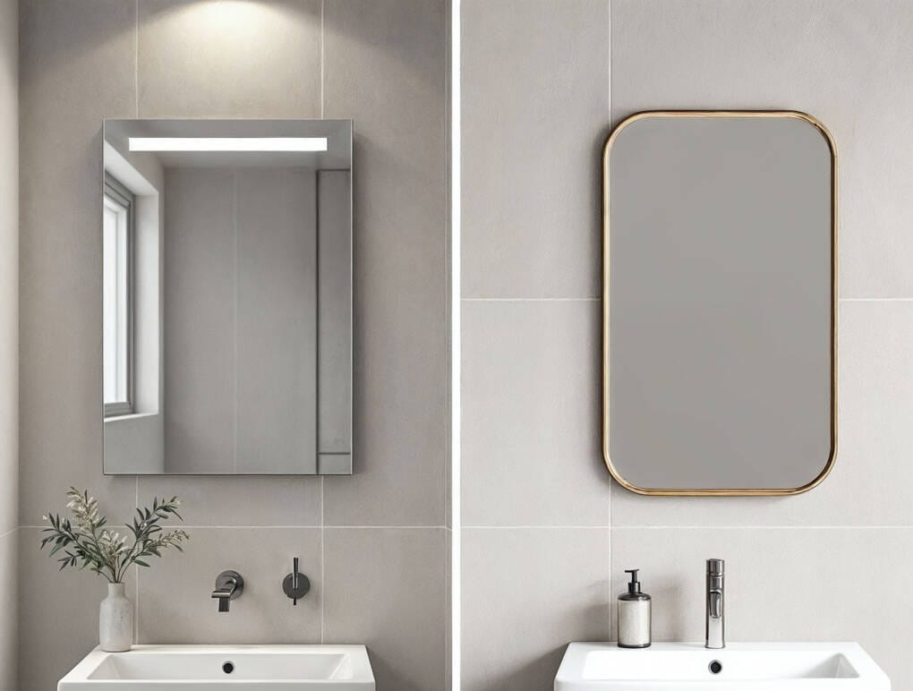 Comparison of framed and frameless small vanity mirrors above compact bathroom vanities