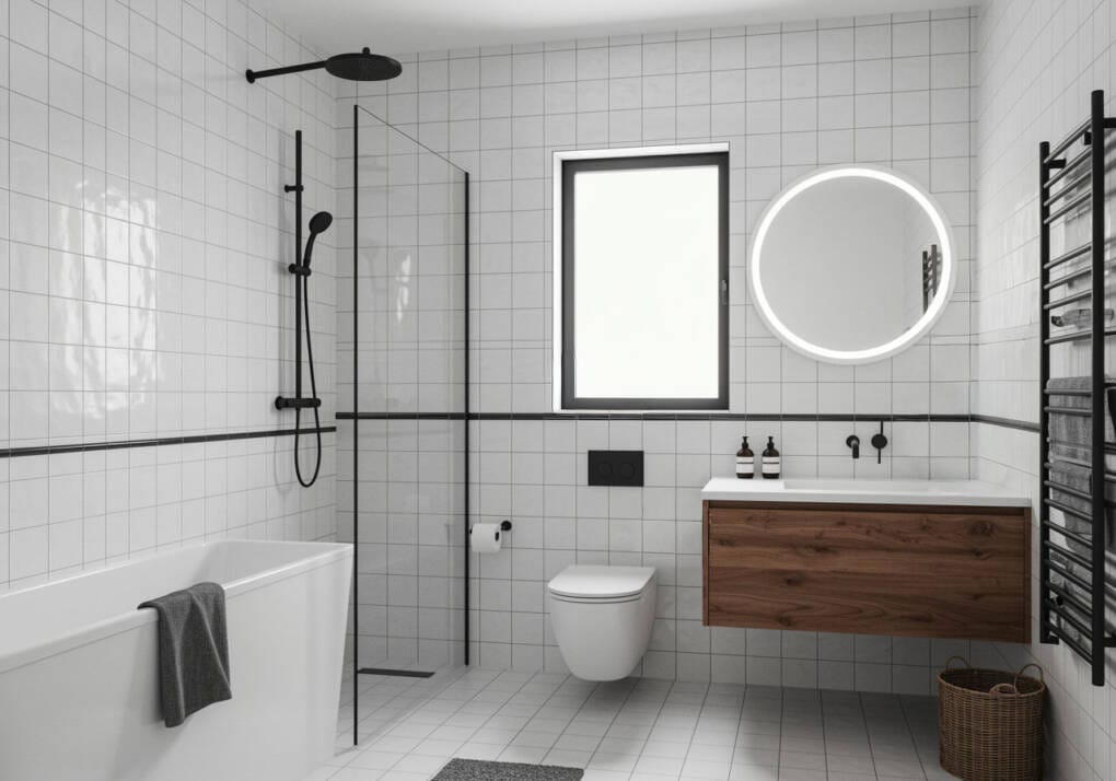 Small LED vanity mirror with built-in lighting above modern bathroom vanity