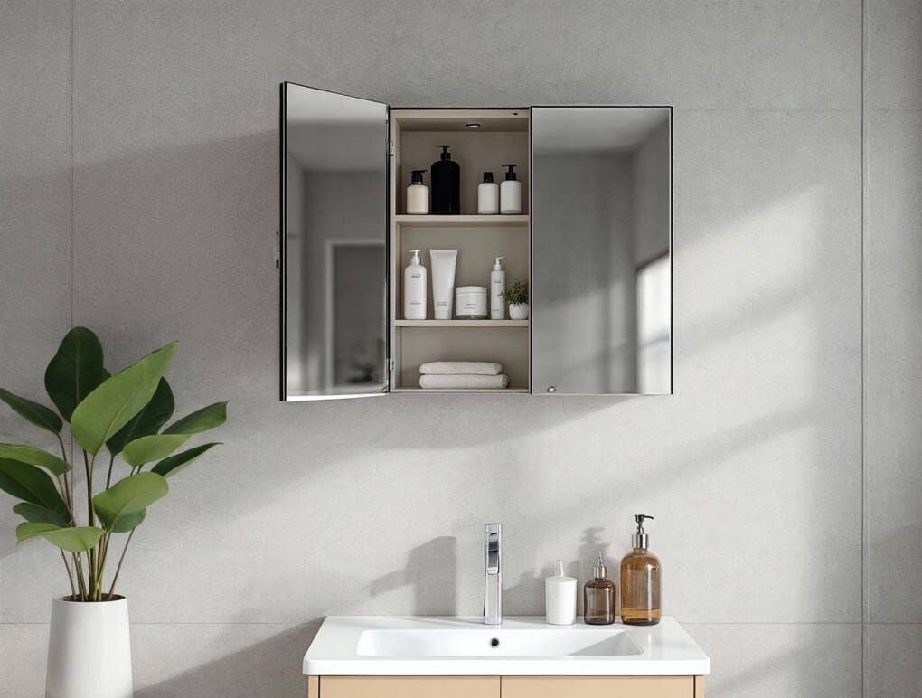 Small mirrored cabinet with storage above vanity in compact Perth bathroom
