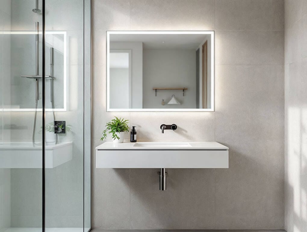 Wall-hung bathroom sink with LED mirror and matte black fittings in minimalist Perth bathroom