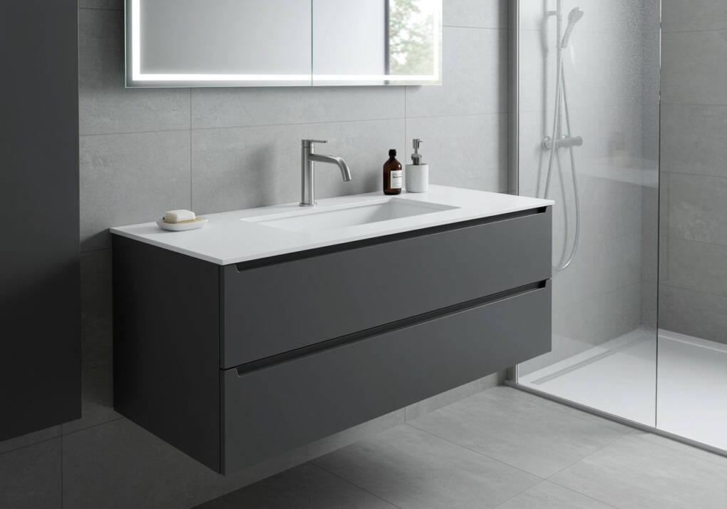 Integrated bathroom sink and vanity with grey cabinetry and chrome tapware in sleek Perth ensuite