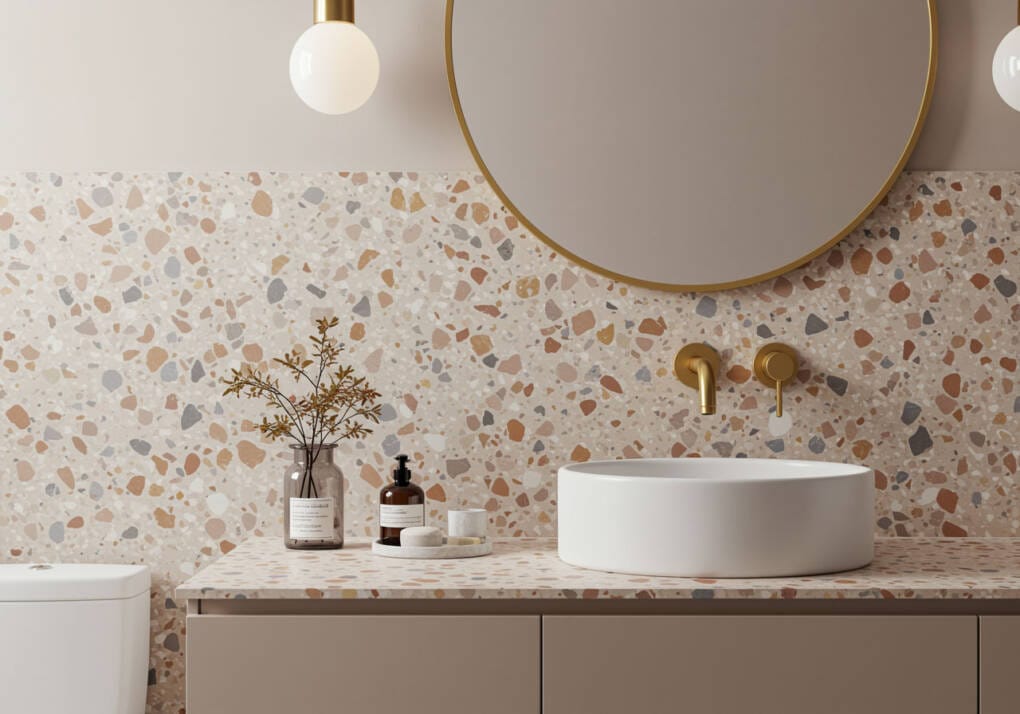 Above-counter bathroom sink on terrazzo vanity with brushed gold tapware in modern Perth bathroom