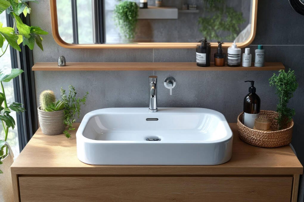 Semi-recessed bathroom basin extending from timber vanity with greenery and natural light in modern Perth bathroom