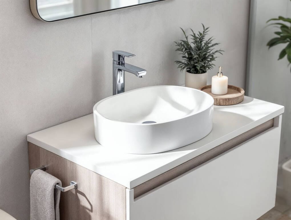 Modern oval above-counter bathroom sink on white vanity with chrome tapware and soft natural lighting in Perth home