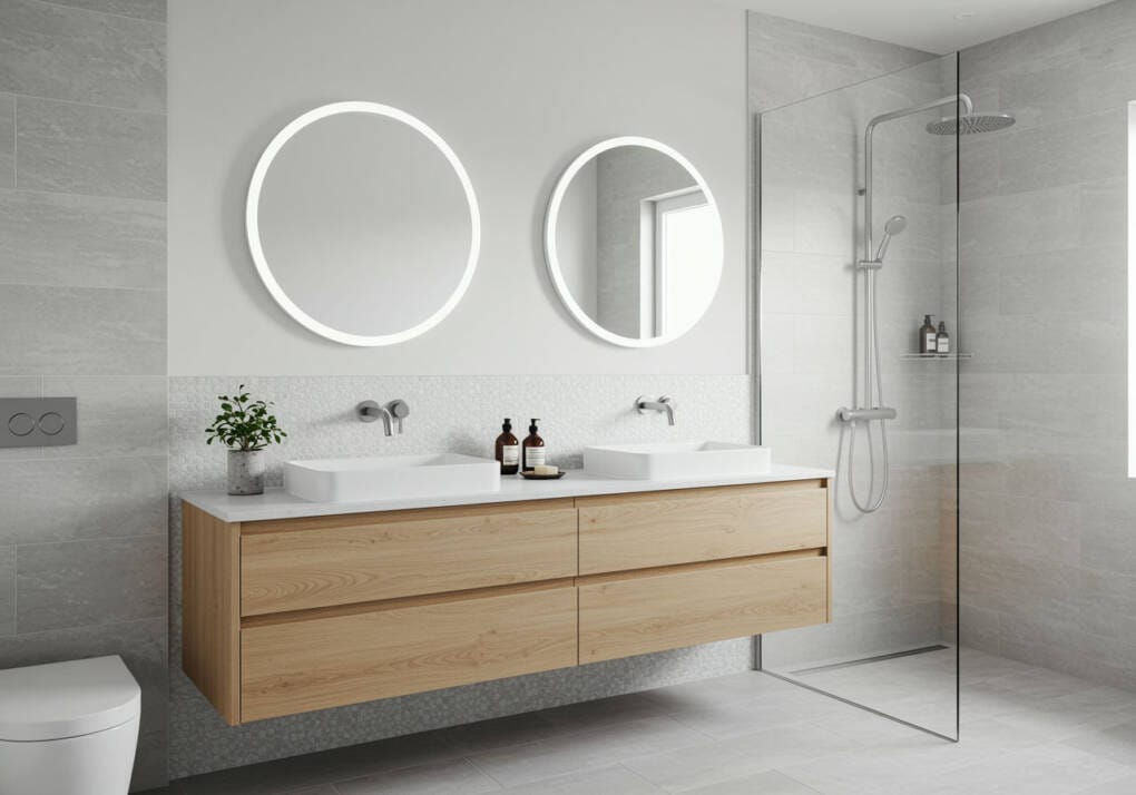 Double above-counter bathroom sinks on floating timber vanity with round LED mirrors and walk-in shower in modern Perth bathroom