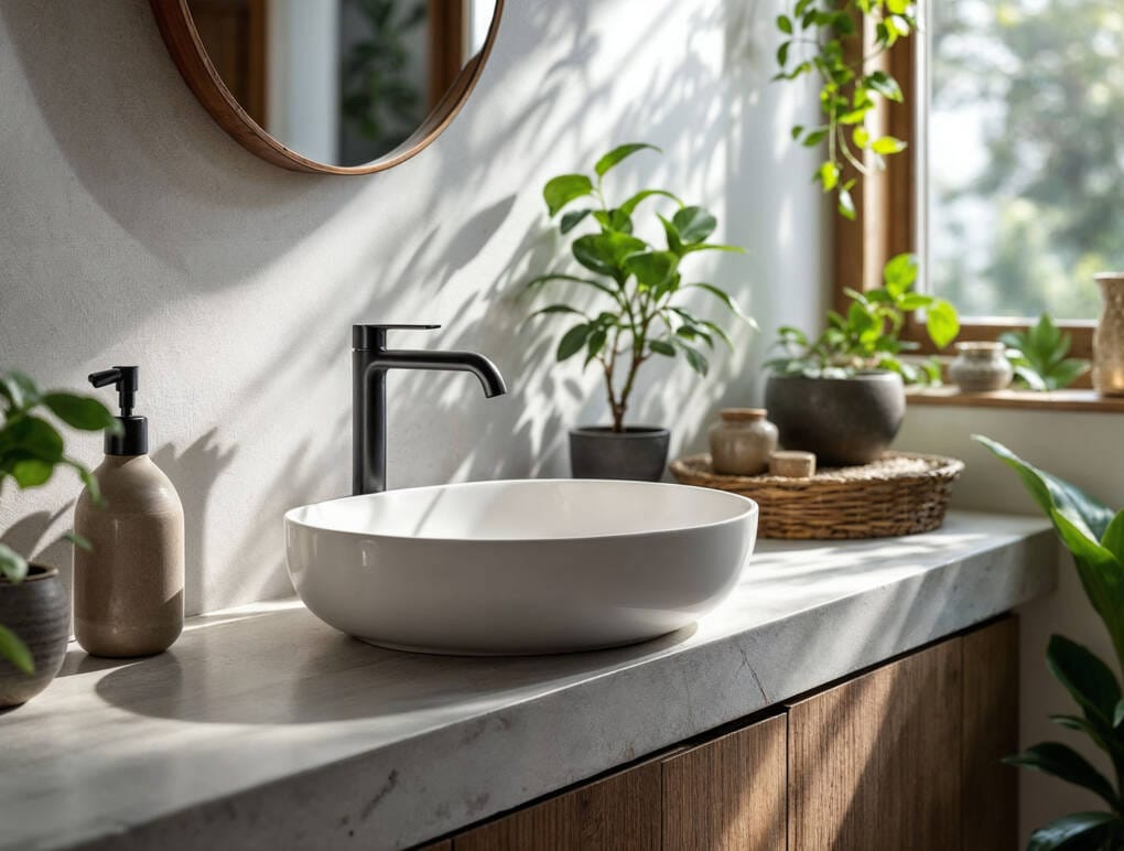 Eco-friendly bathroom sink with touchless tapware and sustainable materials in modern Perth bathroom