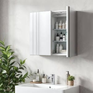 Modern bathroom mirror cabinet with open door showing organised shelves above white vanity and chrome tapware in Perth home