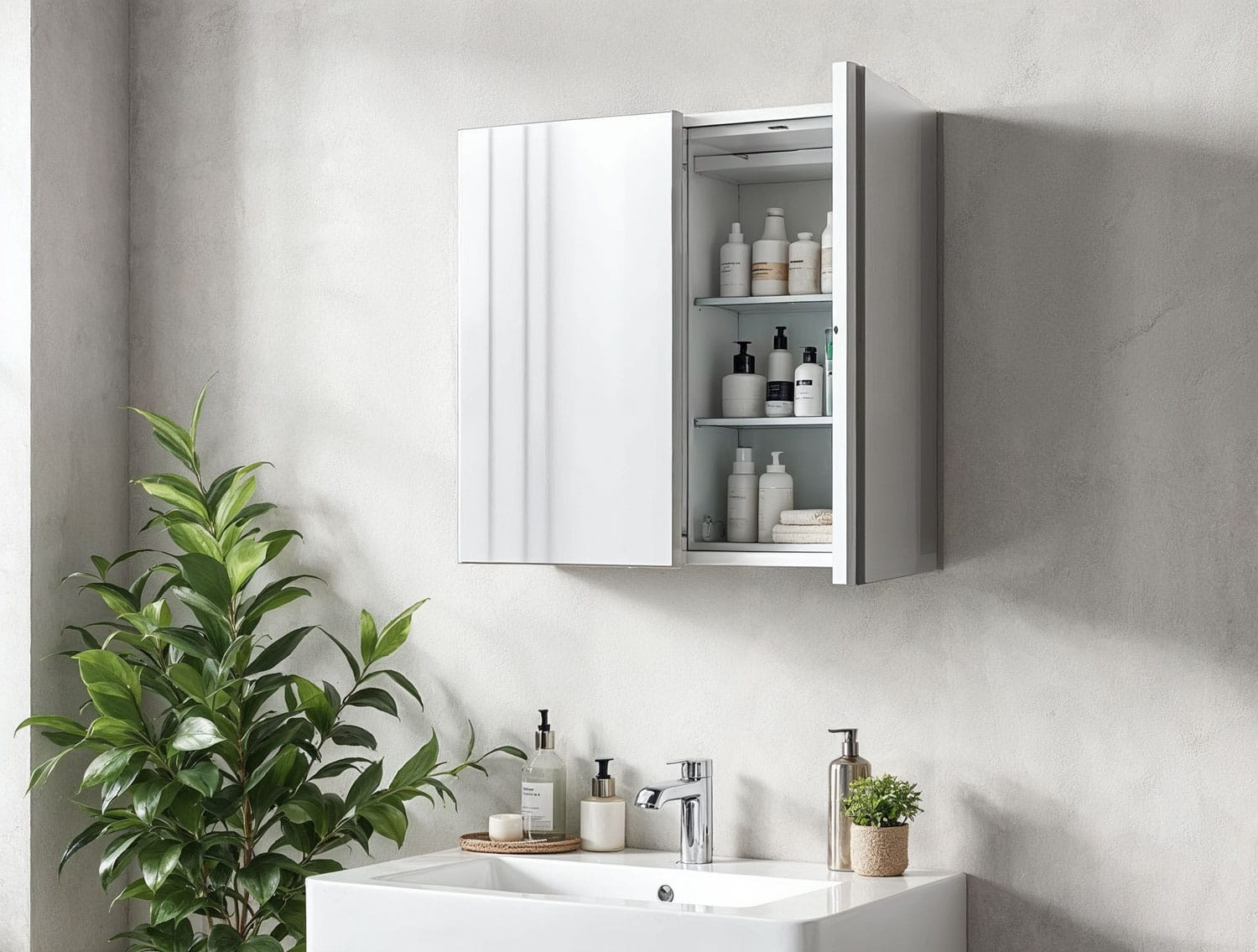 Modern bathroom mirror cabinet with open door showing organised shelves above white vanity and chrome tapware in Perth home