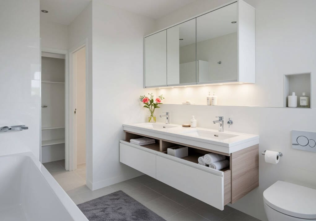 Long white bathroom mirror cabinet above double vanity with underlighting and modern fixtures in contemporary Perth bathroom