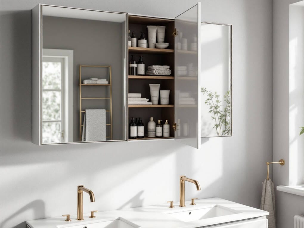 Large bathroom mirror cabinet with open door showing organised shelves above double vanity with brushed gold tapware in modern Perth bathroom