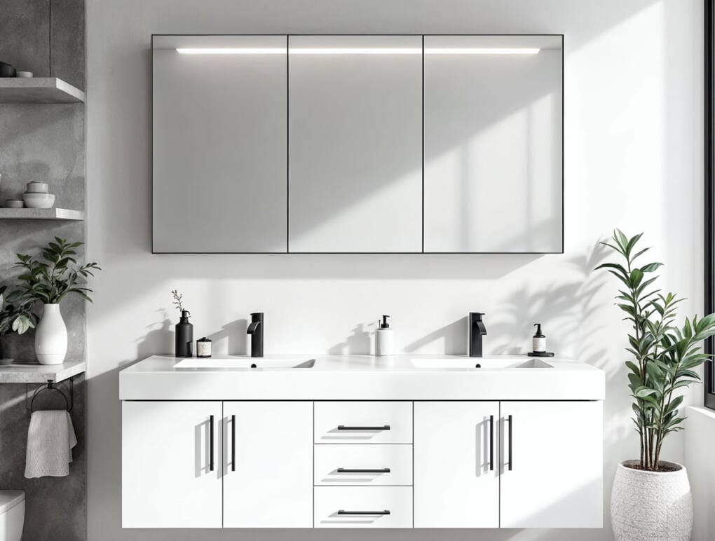 Modern white bathroom with large mirror cabinet above double vanity featuring black tapware and sleek minimalist design in Perth home