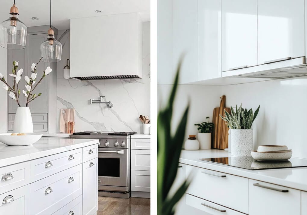 Modern white kitchens showing cabinet knobs and pull handles with marble splashback and minimalist styling in Perth homes