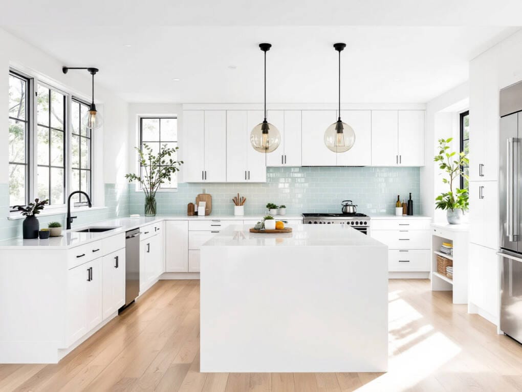 Bright white kitchen with matte black cabinet handles, large island bench, and soft green tiled splashback in modern Perth home
