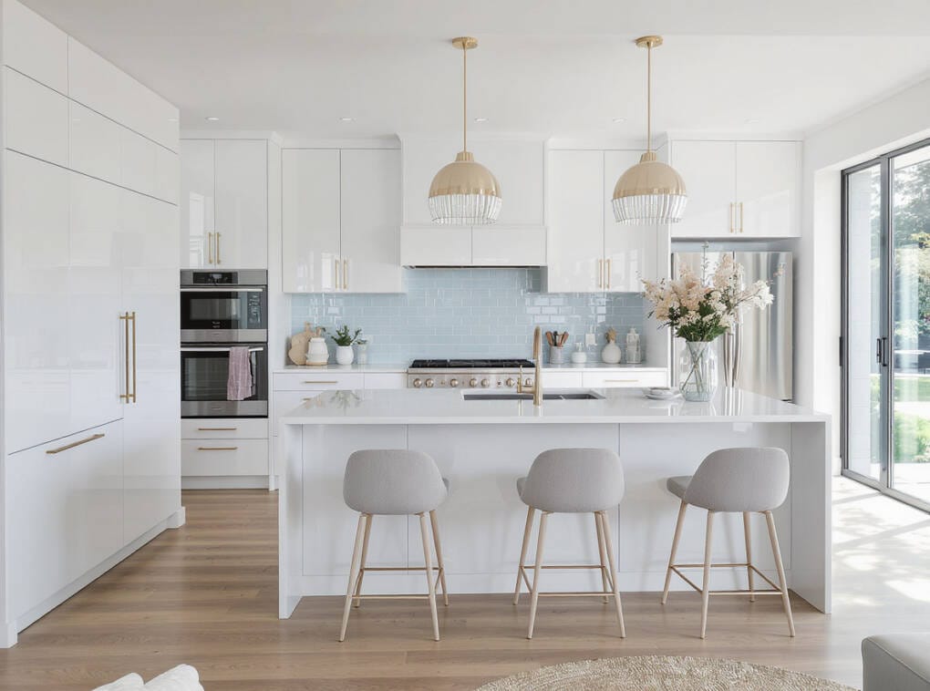 Modern white kitchen with gold cabinet handles and pendant lights, featuring island bench and light blue tiled splashback in Perth home